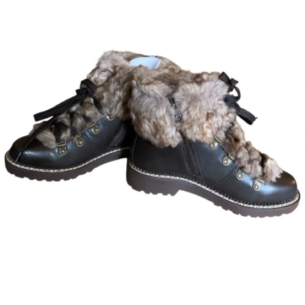 LANDSEND Women’s Leather Faux Fur Cuff Booties, Side Zip, **Minor Cosmetic Flaws